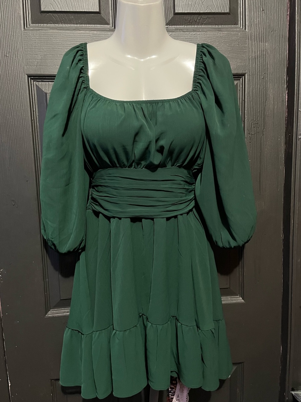 Women’s Emerald Green Puff Sleeve Dress - Picture 1 of 10